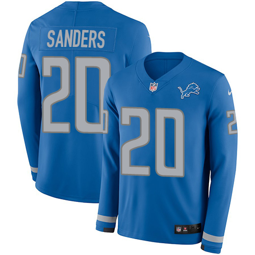 Lions #20 Barry Sanders Blue Team Color Men's Stitched Limited Therma Long Sleeve Jersey