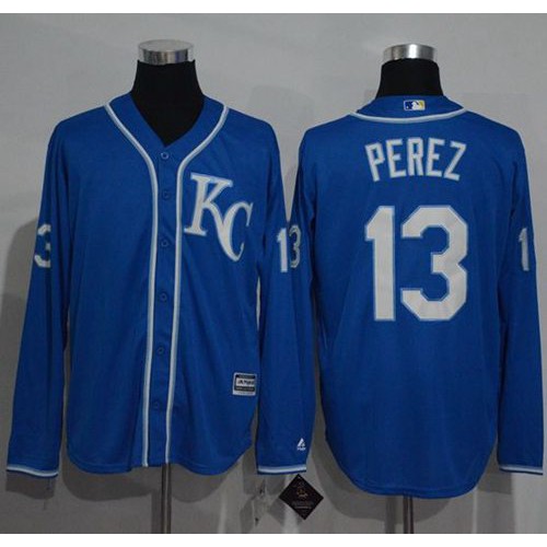 Kansas City Royals #13 Salvador Perez Blue New Cool Base Long Sleeve Stitched Jersey Men's