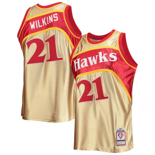 Atlanta Hawks #21 Dominique Wilkins Mens Gold Mitchell & Ness 75th Anniversary 1986-87 Hardwood Classics Swingman Jersey Mens