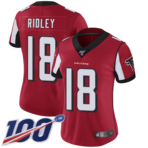 Falcons #18 Calvin Ridley Red Team Color Women's Stitched 100th Season Vapor Limited Jersey