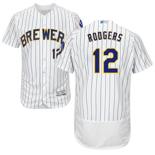 Milwaukee Brewers #12 Aaron Rodgers White Strip Flexbase Authentic Collection Stitched Jersey Men's