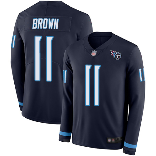Tennessee Titans #11 A.J. Brown Navy Blue Team Color Men's Stitched Limited Therma Long Sleeve Jersey Men's