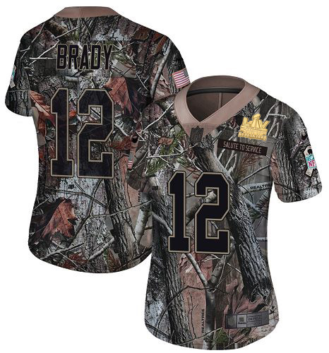 Buccaneers #12 Tom Brady Camo Women's Super Bowl LV Champions Patch Stitched Limited Rush Realtree Jersey