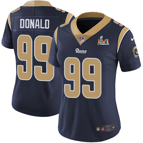 Rams #99 Aaron Donald Navy Blue Team Color Super Bowl LVI Patch Women's Stitched Vapor Untouchable Limited Jersey