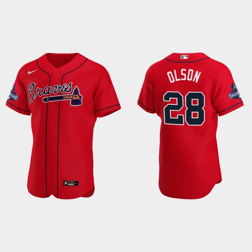 Atlanta Atlanta Braves #28 Matt Olson Men's 2021 World Series Champions Patch Authentic Player Jersey - Red Men's