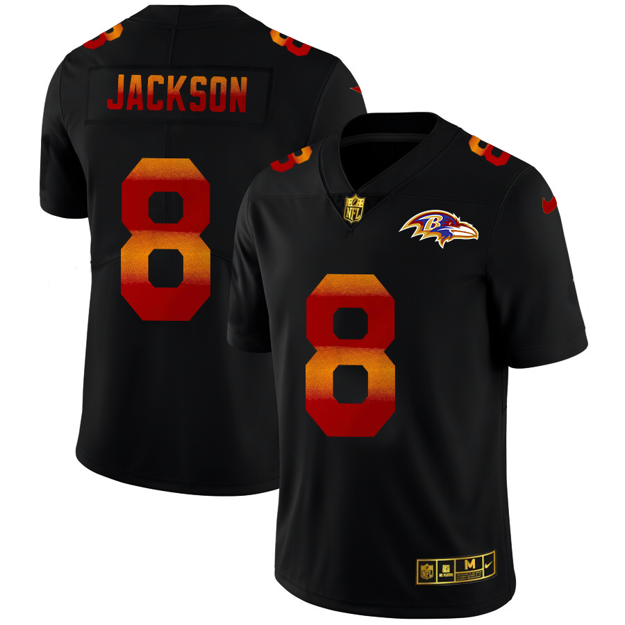 Baltimore Ravens #8 Lamar Jackson Men's Black Red Orange Stripe Vapor Limited Jersey