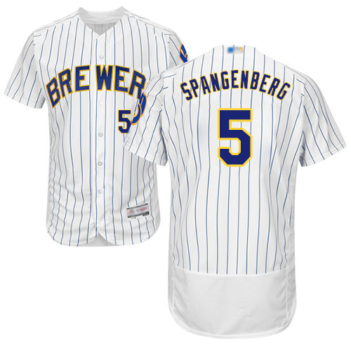 Milwaukee Brewers #5 Cory Spangenberg White Strip Flexbase Authentic Collection Stitched Jersey Men's