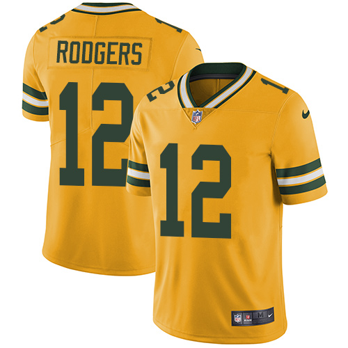 Packers #12 Aaron Rodgers Yellow Men's Stitched Limited Rush Jersey