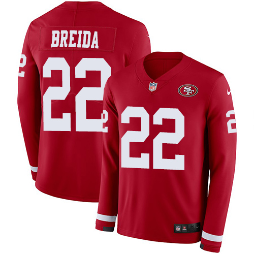 San Francisco 49ers #22 Matt Breida Red Team Color Men's Stitched Limited Therma Long Sleeve Jersey Men's
