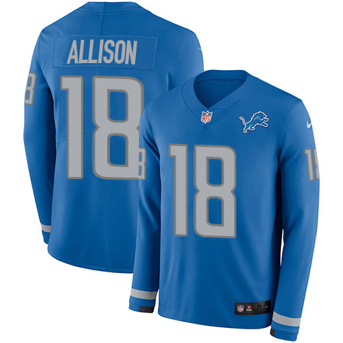 Detroit Lions #18 Geronimo Allison Blue Team Color Youth Stitched Limited Therma Long Sleeve Jersey Youth