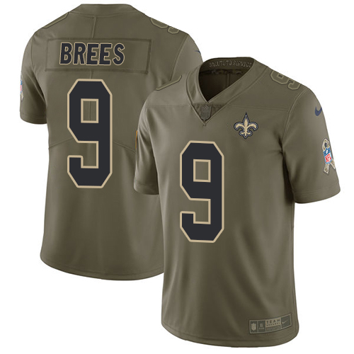 Saints #9 Drew Brees Olive Men's Stitched Limited 2017 Salute To Service Jersey