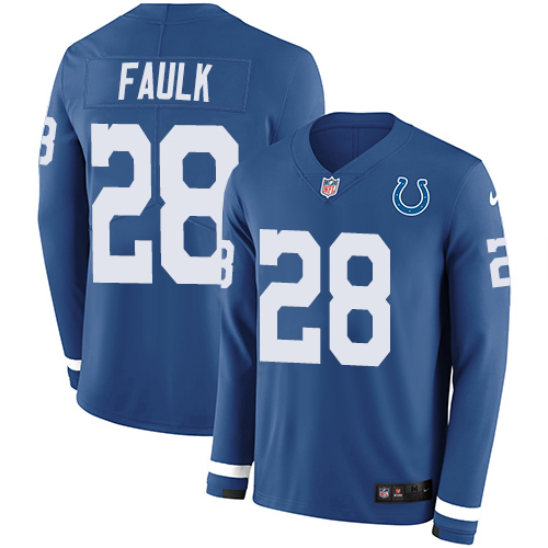 Indianapolis Colts #28 Marshall Faulk Royal Blue Team Color Men's Stitched Limited Therma Long Sleeve Jersey Men's