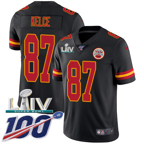Chiefs #87 Travis Kelce Black Super Bowl LIV 2020 Men's Stitched Limited Rush 100th Season Jersey