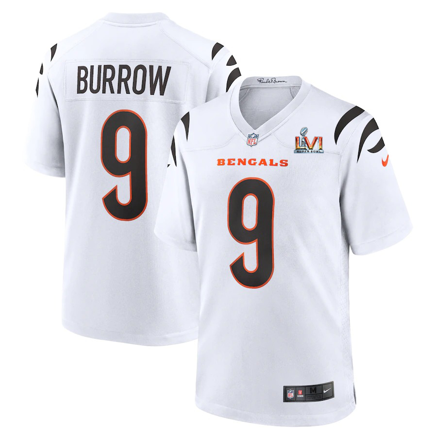 Cincinnati Bengals #9 Joe Burrow White Super Bowl LVI Patch Game Jersey