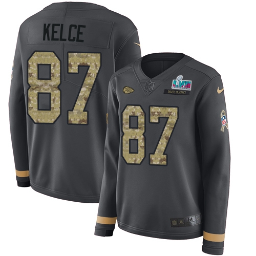 Chiefs #87 Travis Kelce Anthracite Super Bowl LVII Patch Salute To Service Women's Stitched Limited Therma Long Sleeve Jersey