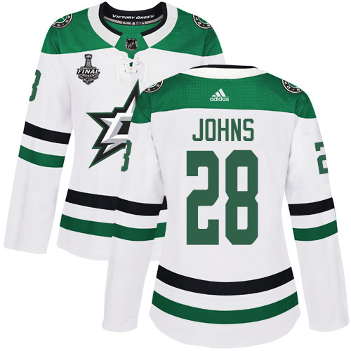 Adidas Dallas Stars #28 Stephen Johns White Road Authentic Women's 2020 Stanley Cup Final Stitched Jersey Womens