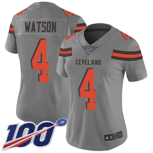 Browns #4 Deshaun Watson Gray Women's Stitched Limited Inverted Legend 100th Season Jersey