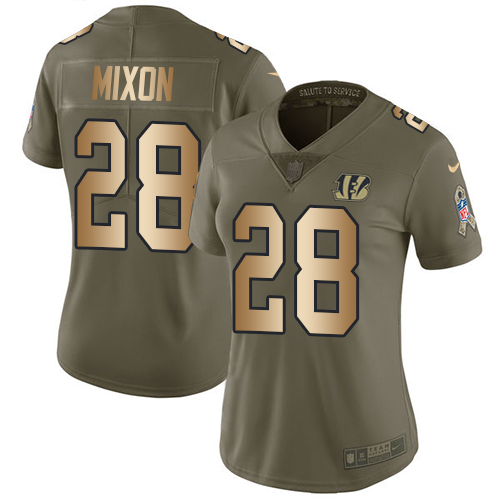 Bengals #28 Joe Mixon Olive/Gold Women's Stitched Limited 2017 Salute To Service Jersey