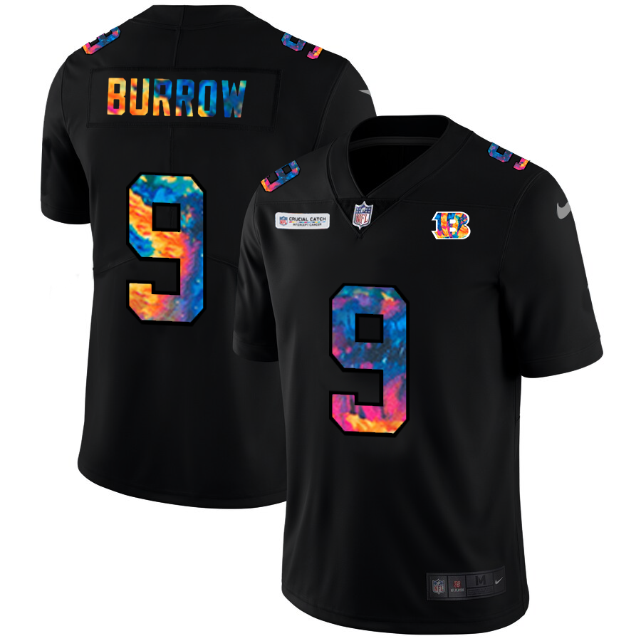 Cincinnati Bengals #9 Joe Burrow Men's Multi-Color Black 2020 Crucial Catch Vapor Untouchable Limited Jersey