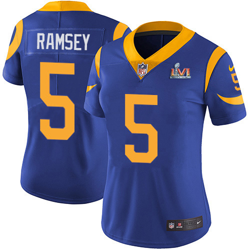 Rams #5 Jalen Ramsey Blue Alternate Super Bowl LVI Patch Women's Stitched Vapor Untouchable Limited Jersey