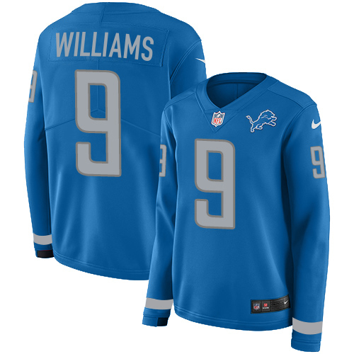 Lions #9 Jameson Williams Blue Team Color Women's Stitched Limited Therma Long Sleeve Jersey