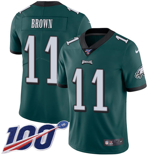 Eagles #11 A.J. Brown Green Team Color Youth Stitched 100th Season Vapor Untouchable Limited Jersey
