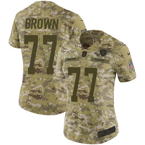 Las Vegas Raiders #77 Trent Brown Camo Women's Stitched Limited 2018 Salute To Service Jersey Womens