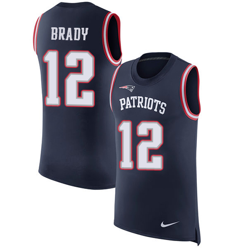 Patriots #12 Tom Brady Navy Blue Team Color Men's Stitched Limited Rush Tank Top Jersey