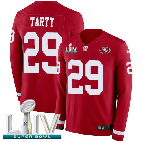 San Francisco 49ers #29 Jaquiski Tartt Red Super Bowl LIV 2020 Team Color Men's Stitched Limited Therma Long Sleeve Jersey Men's