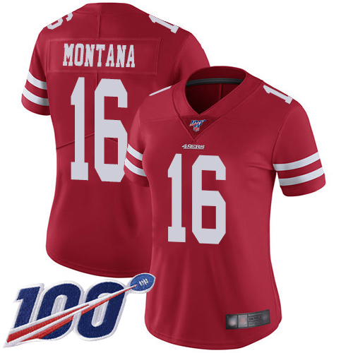 49ers #16 Joe Montana Red Team Color Women's Stitched 100th Season Vapor Limited Jersey