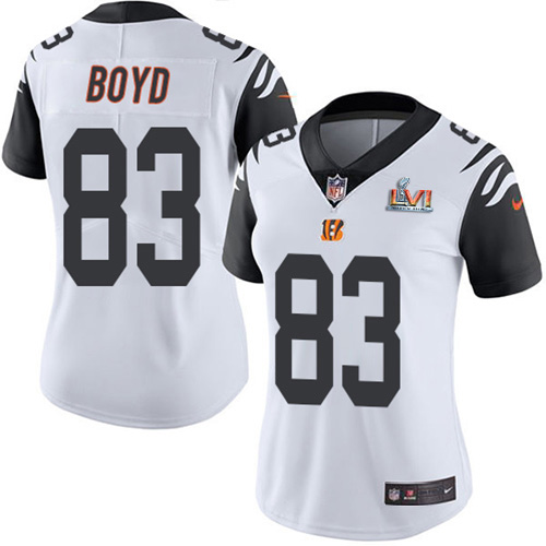 Bengals #83 Tyler Boyd White Super Bowl LVI Patch Women's Stitched Limited Rush Jersey