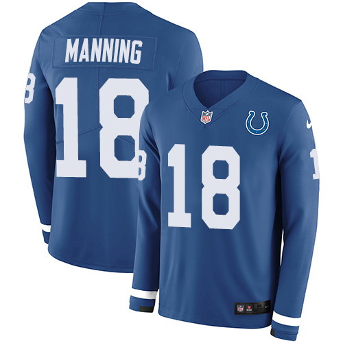 Indianapolis Colts #18 Peyton Manning Royal Blue Team Color Men's Stitched Limited Therma Long Sleeve Jersey Men's