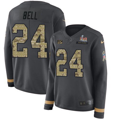 Cincinnati Bengals #24 Vonn Bell Anthracite Super Bowl LVI Patch Salute to Service Women's Stitched Limited Therma Long Sleeve Jersey Womens