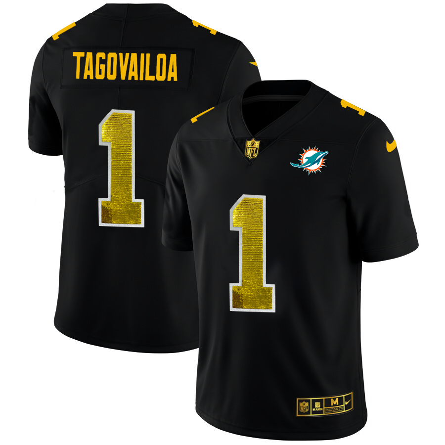 Miami Dolphins #1 Tua Tagovailoa Men's Black Golden Sequin Vapor Limited Jersey