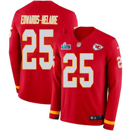Chiefs #25 Clyde Edwards-Helaire Red Team Color Super Bowl LVII Patch Men's Stitched Limited Therma Long Sleeve Jersey
