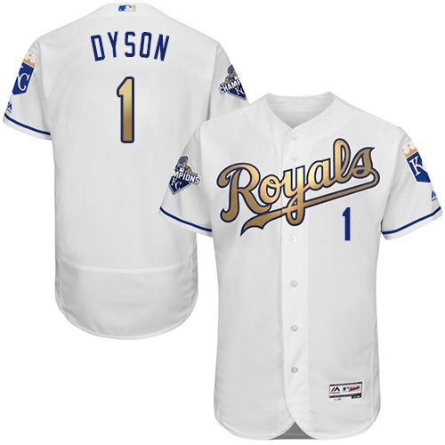 Kansas City Royals #1 Jarrod Dyson White 2015 World Series Champions Gold Program FlexBase Authentic Stitched Jersey Men's