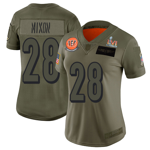 Bengals #28 Joe Mixon Camo Super Bowl LVI Patch Women's Stitched Limited 2019 Salute To Service Jersey