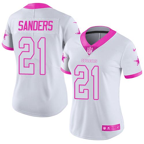 Cowboys #21 Deion Sanders White/Pink Women's Stitched Limited Rush Fashion Jersey