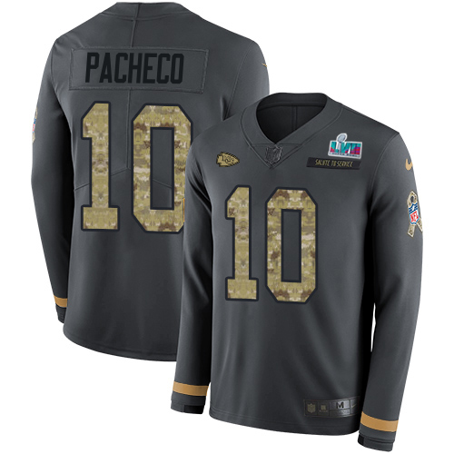 Chiefs #10 Isiah Pacheco Anthracite Salute To Service Super Bowl LVII Patch Men's Stitched Limited Therma Long Sleeve Jersey