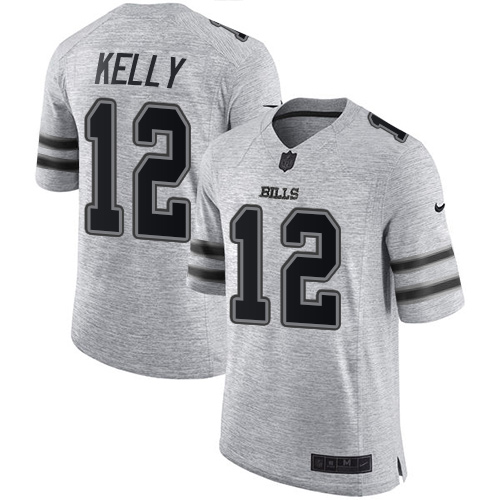Bills #12 Jim Kelly Gray Men's Stitched Limited Gridiron Gray II Jersey