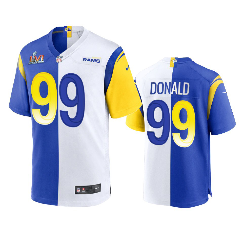 Los Angeles Rams #99 Aaron Donald Men's Super Bowl LVI Patch Royal White Split Game Limited Jersey
