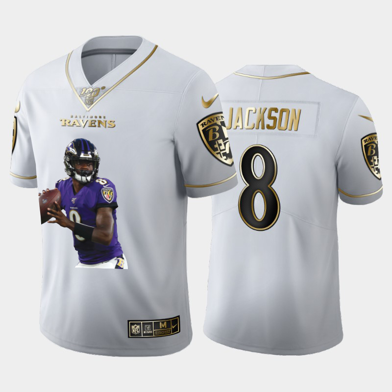 Baltimore Ravens #8 Lamar Jackson Team Hero 5 Vapor Limited 100 Jersey White Golden