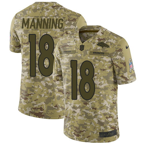 Broncos #18 Peyton Manning Camo Men's Stitched Limited 2018 Salute To Service Jersey