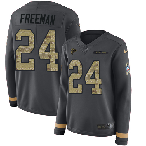 Atlanta Falcons #24 Devonta Freeman Anthracite Salute to Service Women's Stitched Limited Therma Long Sleeve Jersey Womens