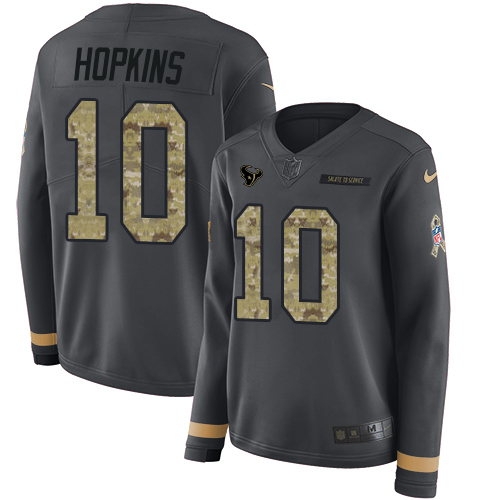 Houston Texans #10 DeAndre Hopkins Anthracite Salute to Service Women's Stitched Limited Therma Long Sleeve Jersey Womens