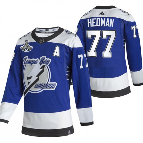 Adidas Tampa Bay Lightning #77 Victor Hedman Blue Road Authentic 2021 Stanley Cup Champions Jersey Men's