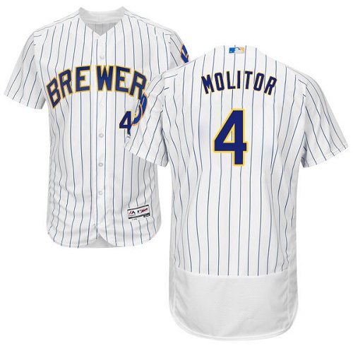Milwaukee Brewers #4 Paul Molitor White Strip Flexbase Authentic Collection Stitched Jersey Men's
