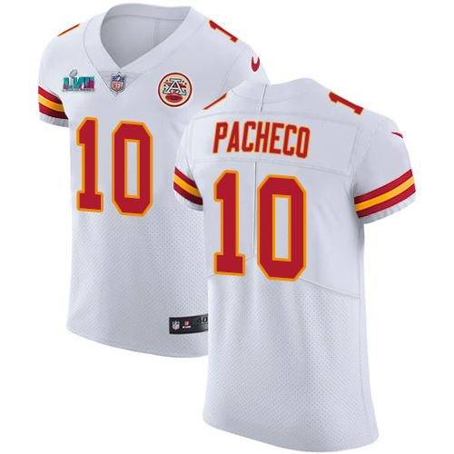Chiefs #10 Isiah Pacheco White Super Bowl LVII Patch Men's Stitched Vapor Untouchable Elite Jersey