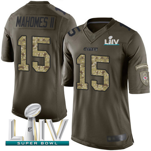 Chiefs #15 Patrick Mahomes Green Super Bowl LIV 2020 Youth Stitched Limited 2015 Salute To Service Jersey