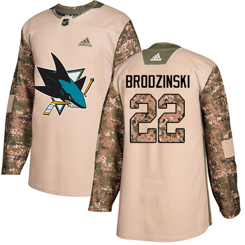 Adidas San Jose Sharks #22 Jonny Brodzinski Camo Authentic 2017 Veterans Day Stitched Youth Jersey Youth